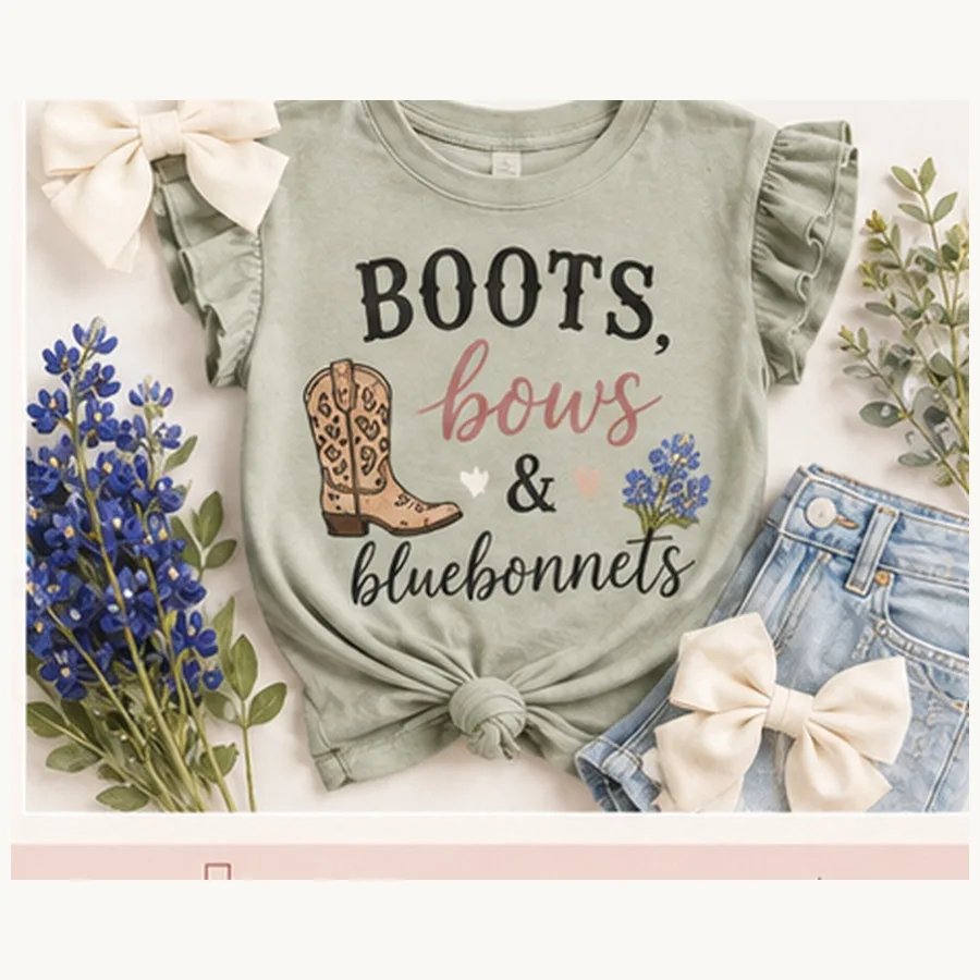 Boots, Bows & Bluebonnets Kids Tee — Boots, Bows & Bluebonnets graphic