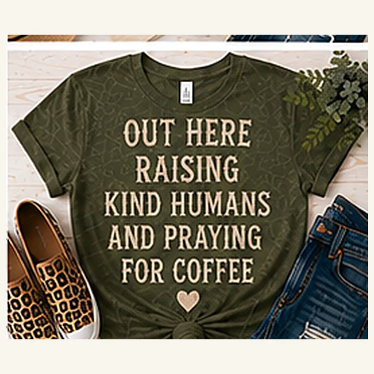 Raising Kind Humans Praying for Coffee Tee — Raising Kind Humans Praying for Coffee graphic