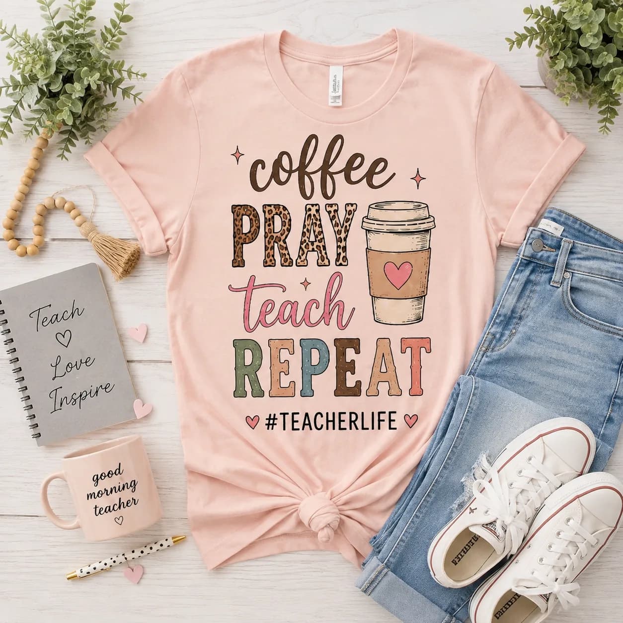 Coffee Pray Teach Repeat Tee — Coffee Pray Teach Repeat graphic
