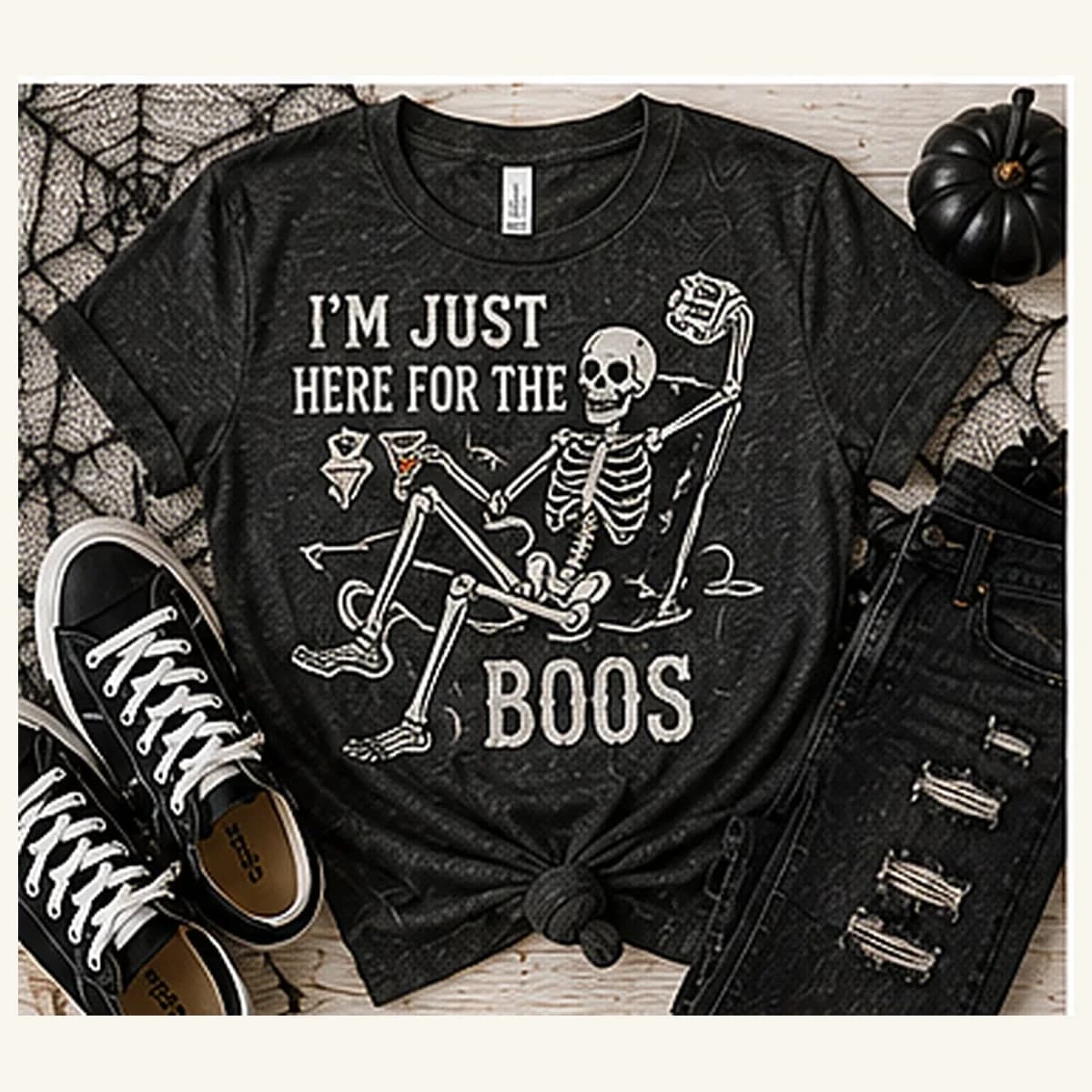Just Here for the Boos Skeleton Tee — Just Here for the Boos Skeleton graphic