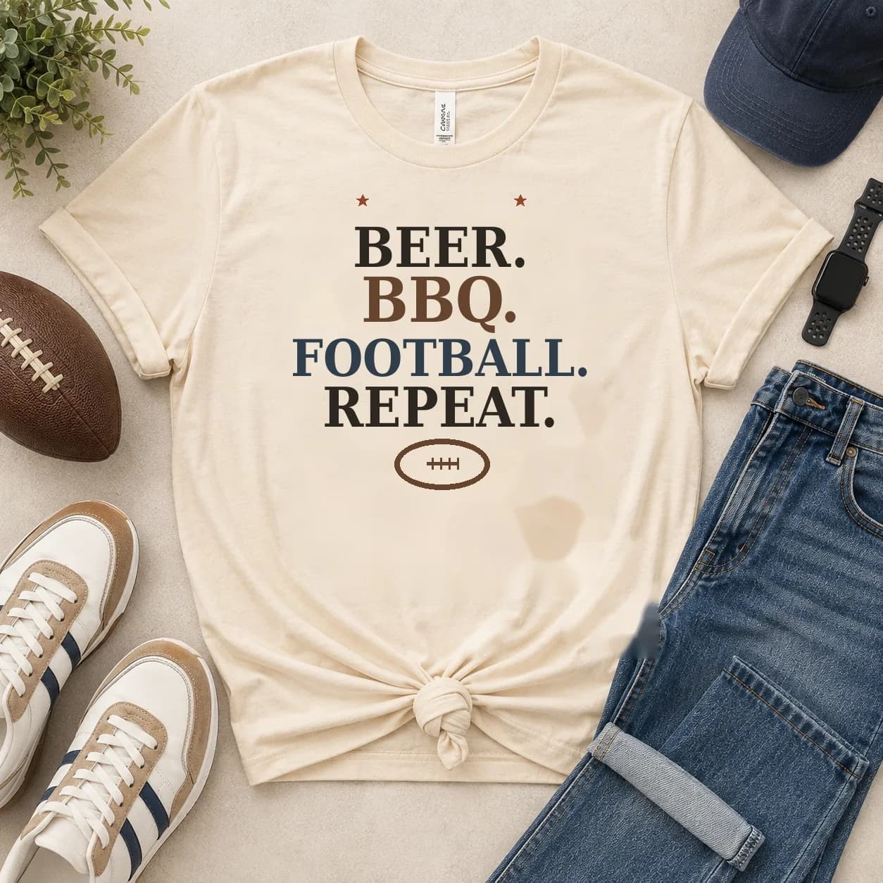 Beer BBQ Football Repeat Tee — Beer BBQ Football Repeat graphic
