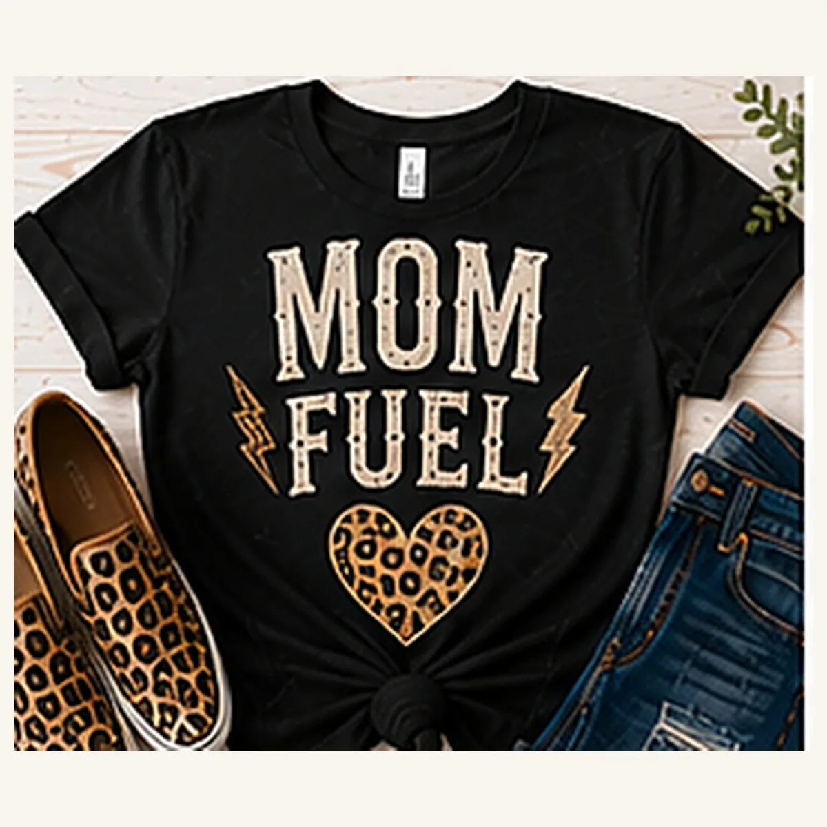 Mom Fuel Leopard Heart Tee — Mom Fuel Leopard Heart graphic